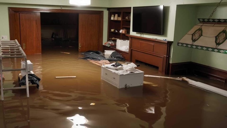 A residential living room flooded with brown water, furniture and belongings submerged