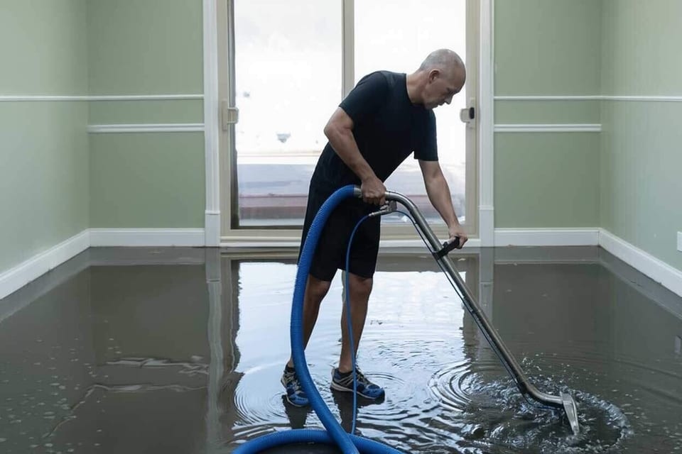 Standing water vacuumed from a flooded floor during water extraction