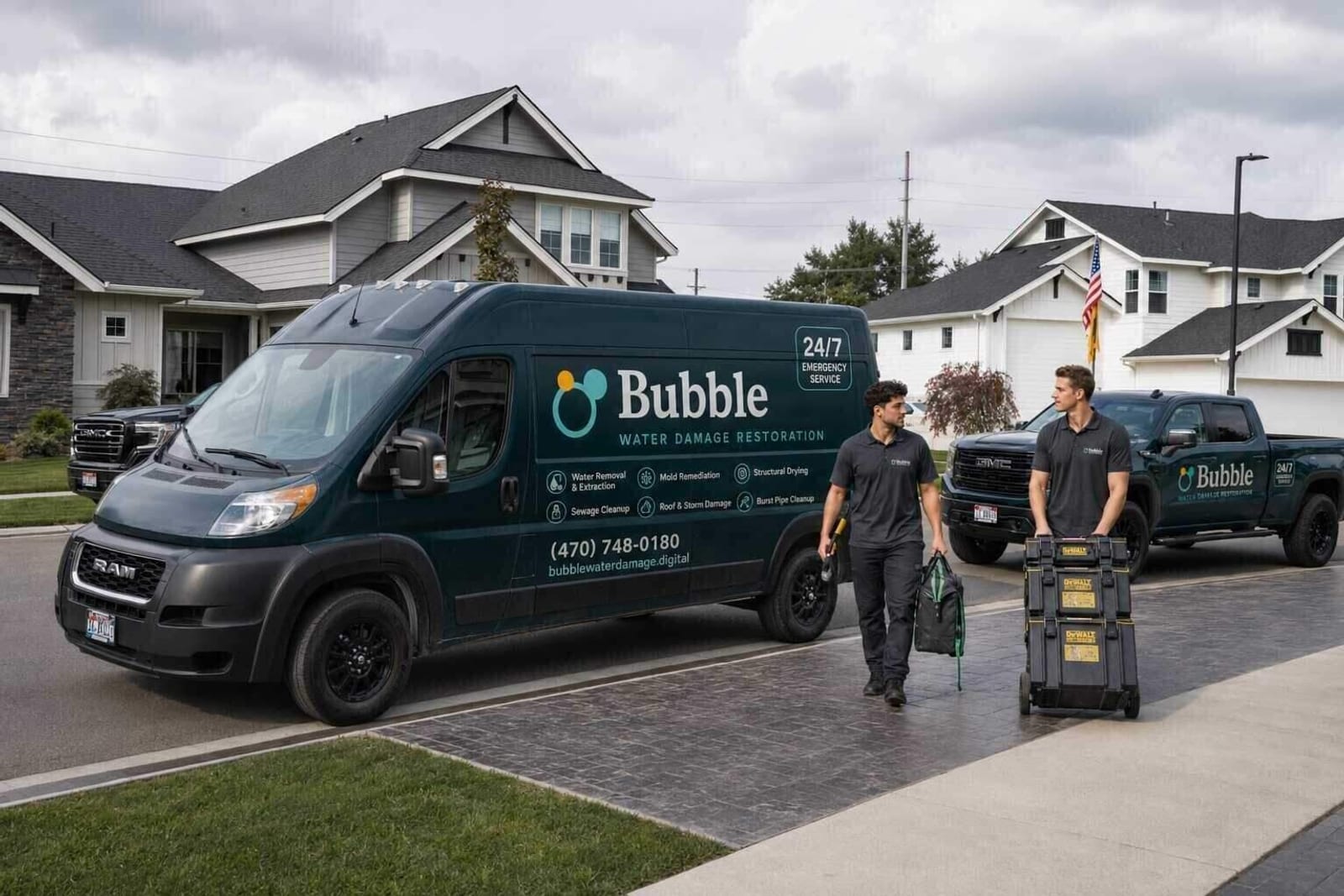 A Bubble water-damage crew arriving at a brick Atlanta home, unloading drying equipment from their van
