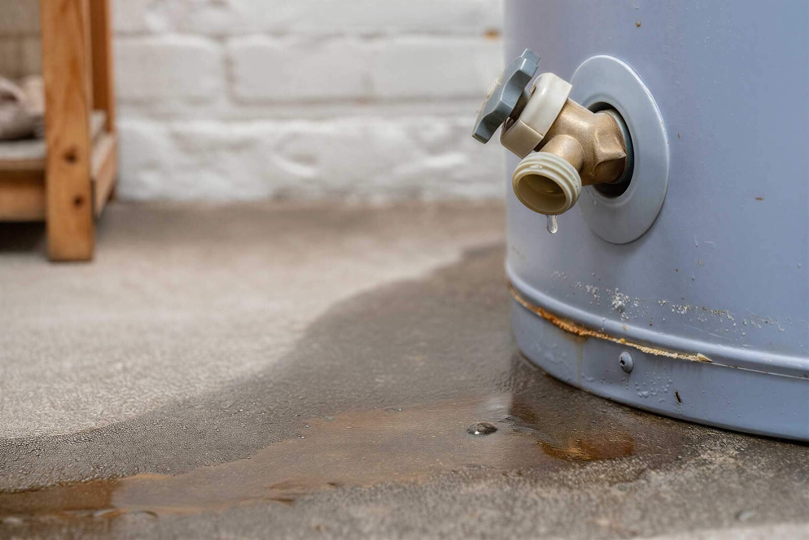 A failed water heater leaking and flooding a utility-room floor