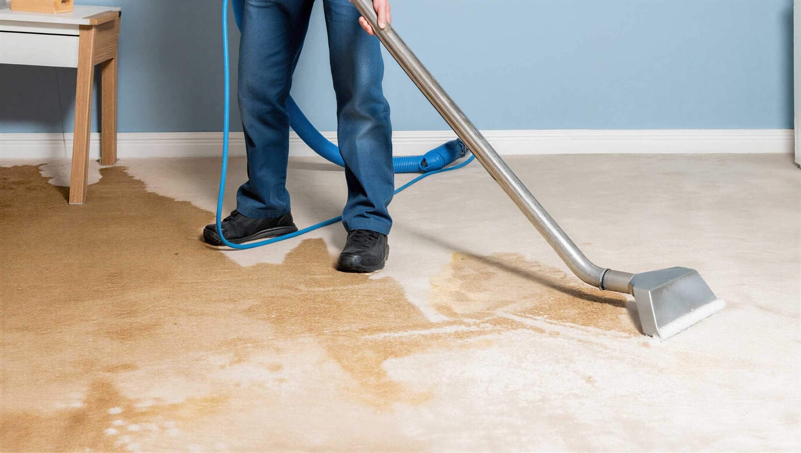 A technician extracting water from a soaked carpet