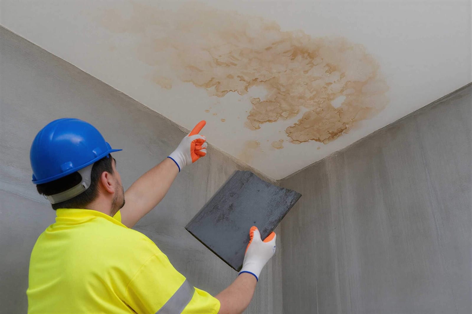 A technician repairing a water-stained ceiling in a home