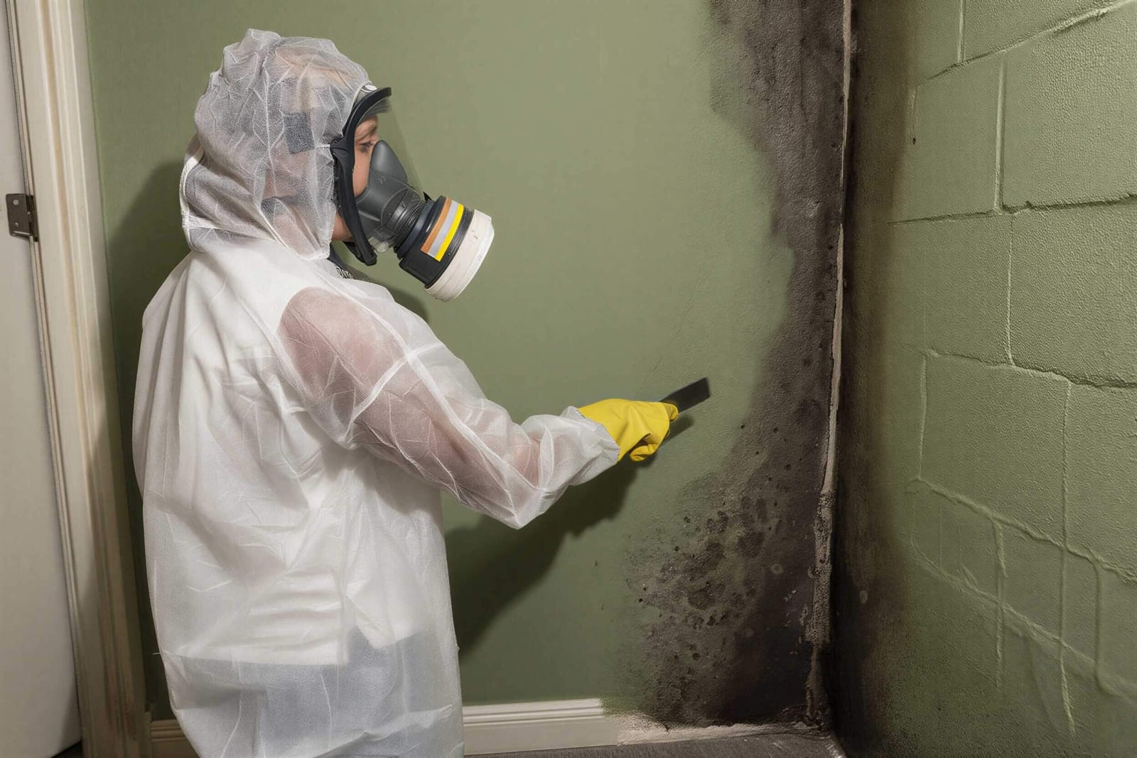 A technician in protective gear and a respirator treating mold during remediation