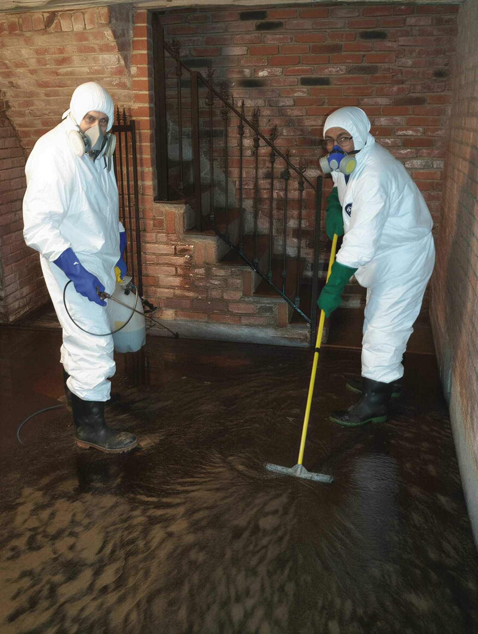 Technicians in full protective gear cleaning up contaminated water in a flooded basement