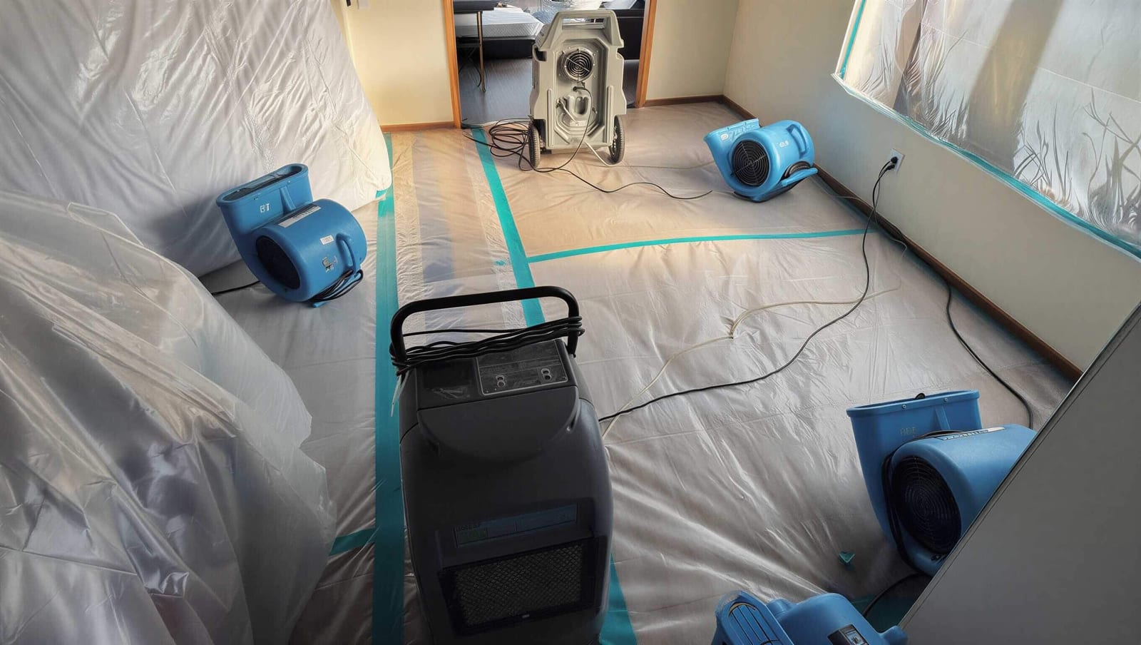 Air movers and a dehumidifier set up to dry out a water-damaged room