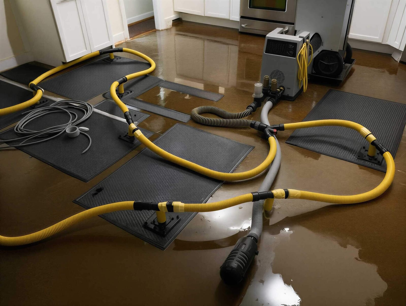A restoration technician extracting standing water from a flooded floor