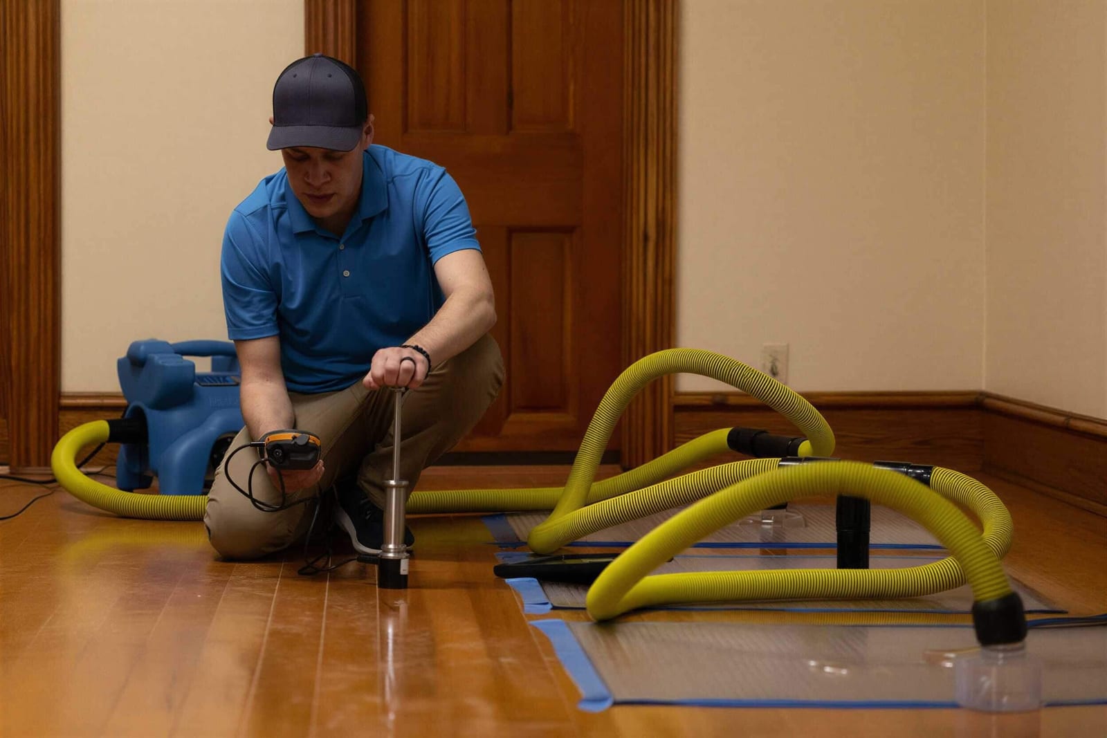 A Bubble technician drying a water-damaged hardwood floor with mat-drying equipment and hoses